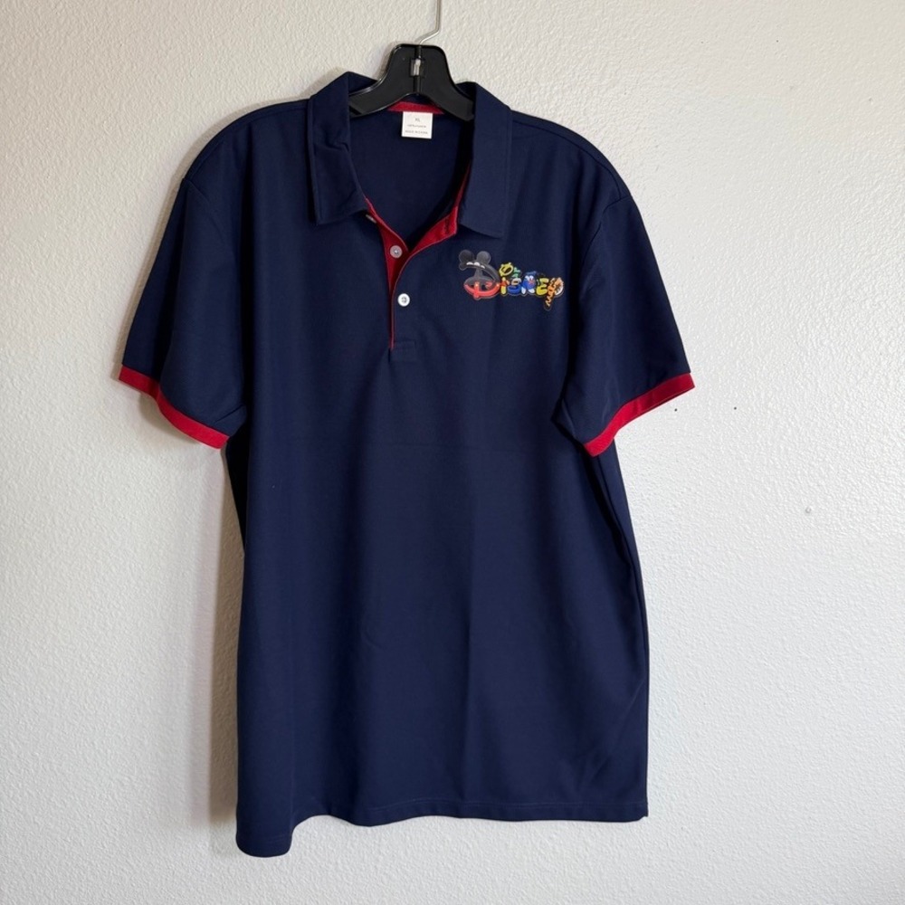 Disney Mens Navy Character Logo Polo Shirt XL Mickey Pooh Donald Tigger